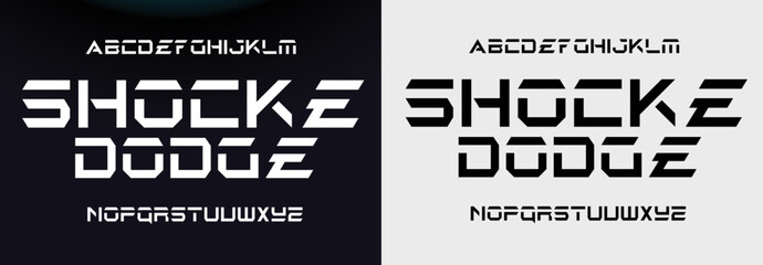 SHOCKE DODGE Sports minimal tech font letter set. Luxury vector typeface for company. Modern gaming fonts logo design.