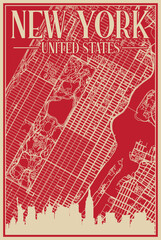 Red hand-drawn framed poster of the downtown NEW YORK, UNITED STATES OF AMERICA with highlighted vintage city skyline and lettering