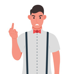 Young man showing off middle fingers. Obscene gesture. Vector illustration.