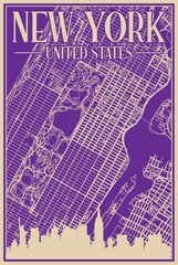 Purple hand-drawn framed poster of the downtown NEW YORK, UNITED STATES OF AMERICA with highlighted vintage city skyline and lettering