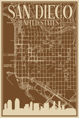 Brown hand-drawn framed poster of the downtown SAN DIEGO, UNITED STATES OF AMERICA with highlighted vintage city skyline and lettering