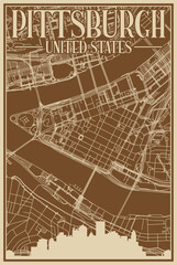 Obraz premium Brown hand-drawn framed poster of the downtown PITTSBURGH, UNITED STATES OF AMERICA with highlighted vintage city skyline and lettering