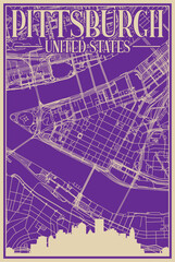 Purple hand-drawn framed poster of the downtown PITTSBURGH, UNITED STATES OF AMERICA with highlighted vintage city skyline and lettering