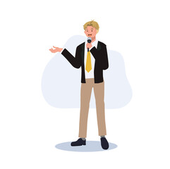 Television host, news reporter, moderator with microphone is speaking. Flat vector illustration - obrazy, fototapety, plakaty