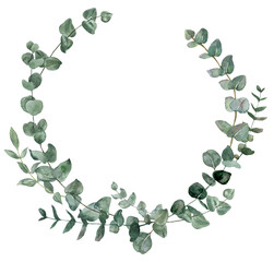 Watercolor eucalyptus wreath, hand-painted illustration. Sage green leaves and foliage frame. Botanical invitation template, isolated PNG with transparent background. - 564599481