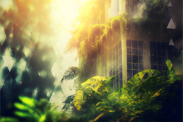 Obraz premium artificial building with rain forest, sunray, generative ai