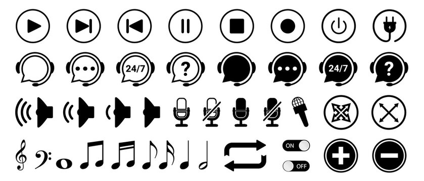 Different Isolated Black Music Button Illustrations Set