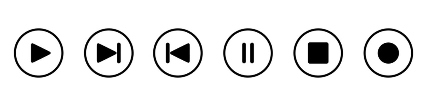 Different Isolated Music Button Illustrations Set - Play, Forward, Rewind, Pause, Stop And Record