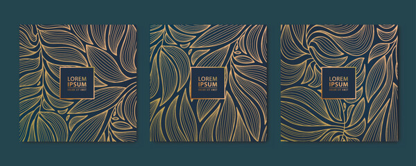 Vector set of abstract luxury golden square cards, post templates for social net, wavy leaves botanical modern, art deco wallpaper background. Pattern, texture for print, fabric, packaging design