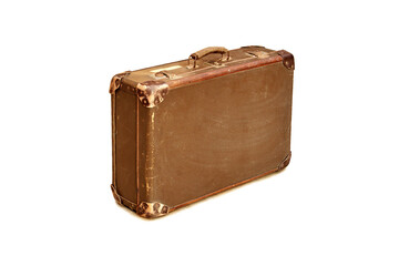 Old brown vintage travel suitcase isolated on white background. Symbol and concept of travel. Adventure time. Retro leather vintage travel suitcase or bag isolated on white.	