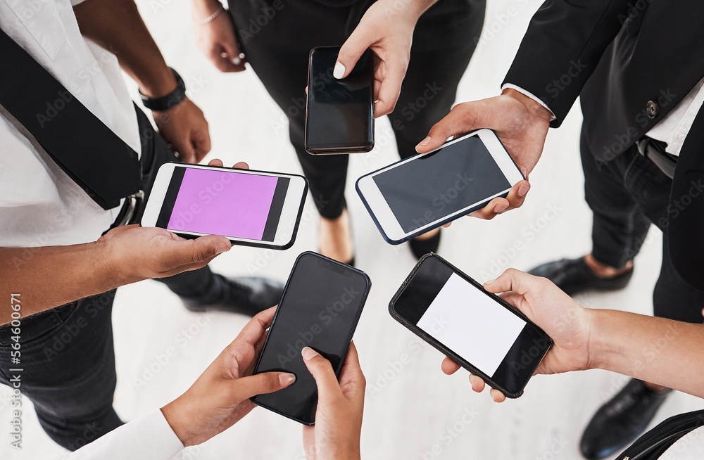 Poster Phone, hands and business people group networking, sharing and data exchange while standing in a circle. Smartphone, people and internet, search and web browsing for creative, planning and online app