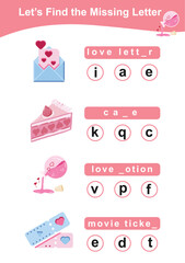 Find missing letter with valentine’s items. Educational spelling game for kids. Complete the missing letters for valentine item in English. Kids educational worksheet.