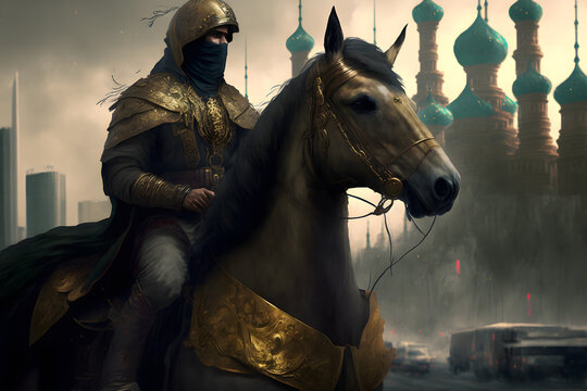 Muslim soldiers ride horses in the destroyed cities, generative ai