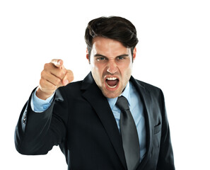 Shouting man, pointing and angry portrait of a business employee screaming with white background. Frustrated, anger and shouting with hand gesture about work, stress and career fail in studio