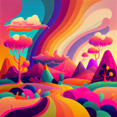 Colorful psychedelic landscape flat cartoon style wallpaper. 70s Hippie Clouds, Rainbows background.