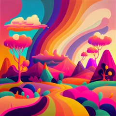 Fotobehang Colorful psychedelic landscape flat cartoon style wallpaper. 70s Hippie Clouds, Rainbows background. © Lucia Fox