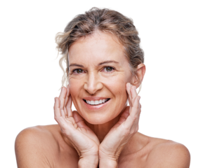 A beautiful mature woman posing, isolated on a transparent PNG background