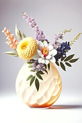 クリーム色の花瓶 フラワーベースに飾られたグラジオラス プルメリア ダリア 木蓮 モクレン フラワーアレンジメントのイラスト Generative AI
