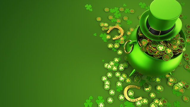 St. Patrick's Day background. Top view on green pot full of golden coins, horse shoe, leprechaun hat. Patrick day background. 3d render illustration