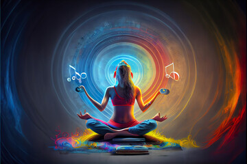 Woman in Sound healing therapy and yoga meditation and reiki healing  uses aspects of music to improve health and well being. can help your meditation and relaxation generative ai