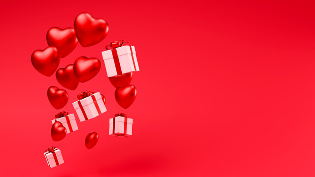 Hearts and gift boxes on red background. Valentine day backdrop. 3d render illustration