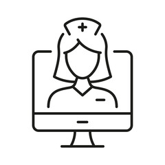Remote Virtual Doctor Woman Linear Pictogram. Telemedicine Healthcare Outline Symbol. Physician Consultation. Video Online Medical Service Line Icon. Editable Stroke. Isolated Vector Illustration