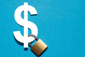 Padlock attached to a white dollar sign on the blue background.