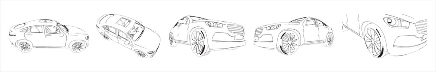 Obraz premium Vector conceptual set or collection of an urban car sketches from different perspectives a metaphor for transportation and travel, independence, flexibility and freedom, privacy and safety