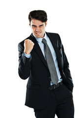 Fist pump celebration, portrait and businessman celebrate corporate victory, winning achievement or profit success. Winner pride, bonus salary and cocky studio lawyer or salesman on white background