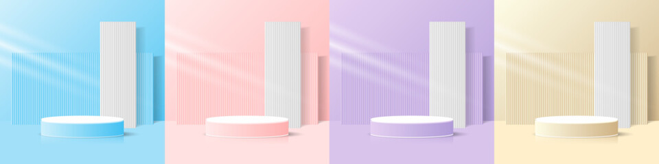 Naklejka na ściany i meble set of realistic 3d cylinder pedestal podium or stand with pastel blue, pink, purple and beige or brown background 3d render with two sheets rectangle backdrops overlap minimal scene. stage showcase.