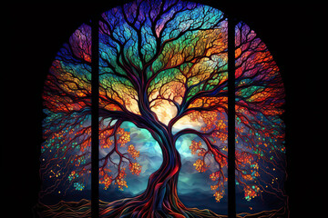 Stained glass tree with colorful magical fantasy leaves, Generative AI