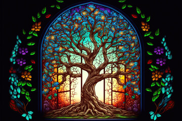 Stained glass tree with colorful magical fantasy leaves, Generative AI