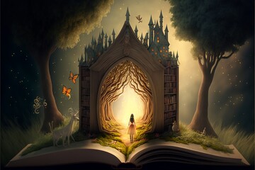 Open book Fantasy. Postproducted generative AI digital illustration.