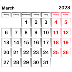 english calendar illustration with copy space on white background for march