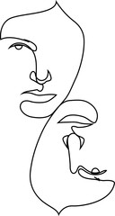 Abstract graphic drawing two faces. Mirror faces continuous line drawing. Vector illustration.