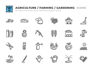 Editable Agriculture and Farming icons set. Thin line outline icons such as outhouse, agronomist, loam, weather conditions, solar batteries, depot, crofter, glasshouse, straw man, clippers vector. - obrazy, fototapety, plakaty
