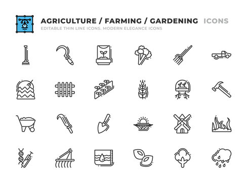 Editable Agriculture and Farming icons set. Thin line outline icons such as lettuce, pitchfork, pickup, mill, grass, gmo, cultivator, haystack, fence, rice field, rye, hydroponic, hammer vector.