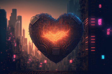 Neon heart shaped love in cyberpunk world illustrated by Generative AI
