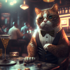 poker cat with cocktail