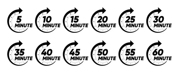 10, 15, 20, 25, 30, 35, 40, 45, 50 min. Timer, clock, stopwatch isolated set icons. Kitchen timer icon with different minutes. Cooking time symbols. Great design for any purposes. Vector illustration.