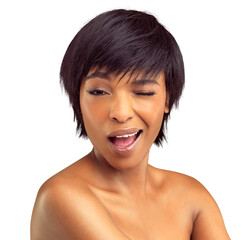 A beautiful young woman winking at the camera isolated on a PNG background.