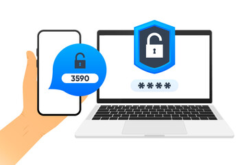Two Steps Authentication. Verification code message on smartphone. Safety login concept. Two factor verification via laptop and phone. Vector illustration.