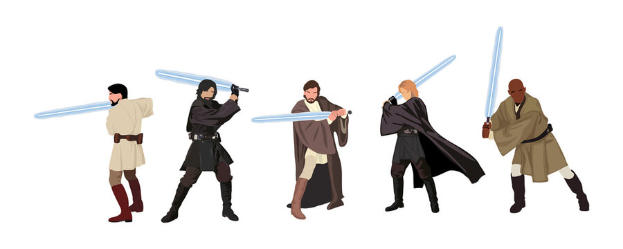 Set of Jedi knight Cartoon characters with laser swards, Avatar symbols. Cartoon illustrations on transparent background. PNG. Digital stickers
