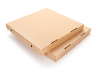 Two cardboard pizza boxes isolated on white background