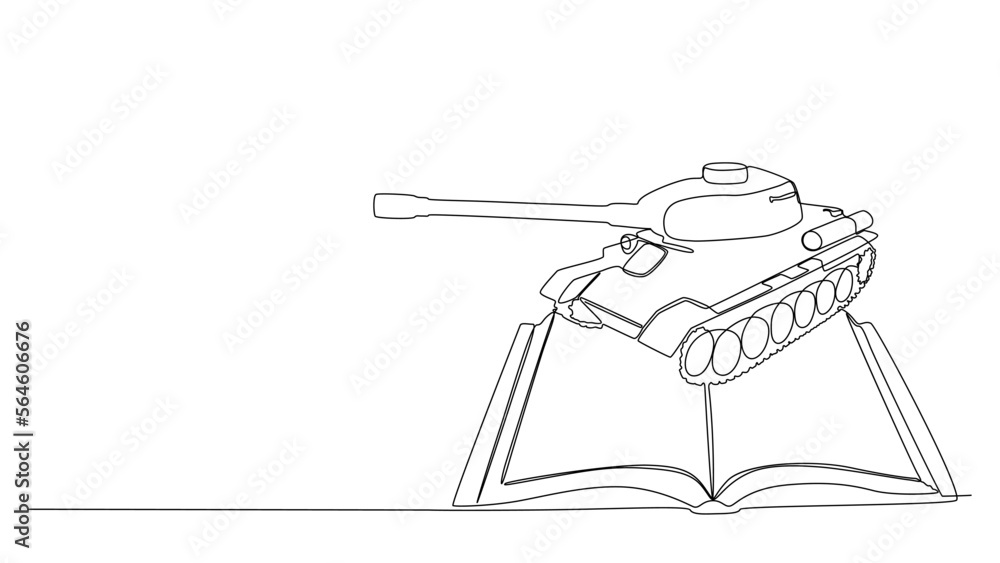 Poster one continuous line of opened book and armored tank. thin line illustration vector concept. contour 