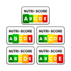Nutri Score sticker. Nutri Score system sign. Health care symbol logo for packaging. 5-Colour Nutrition Label. Vector illustration.