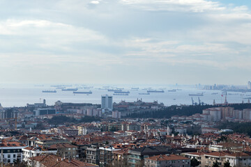 View of the Istanbul with the cargo ships in the sea. 