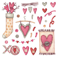 Set with different hearts in vintage style on a white background. Watercolor illustration. Holiday. Happy Valentine's Day. Romance. Carmine color. Love. Art. Design. Celebration. Give.