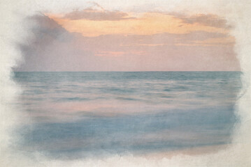 A digital watercolor painting of the sea at golden hour.