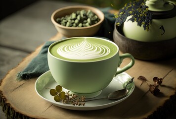 Obraz na płótnie Canvas illustration of a cup of Matcha green tea on wooden table with outdoor atmosphere Generative Ai